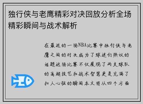 独行侠与老鹰精彩对决回放分析全场精彩瞬间与战术解析
